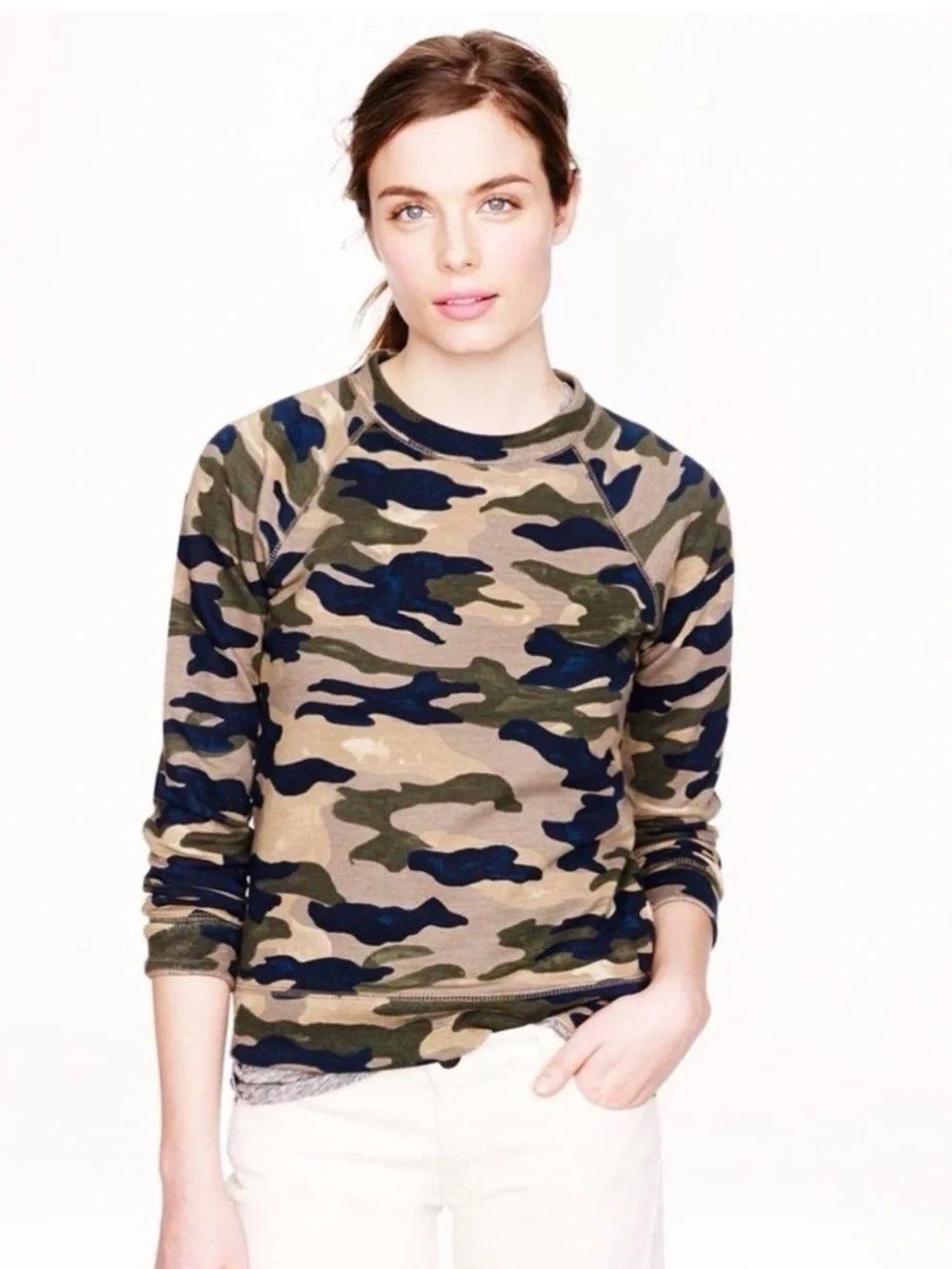 J.Crew Camo Raglan Cotton Casual Crewneck Sweatshirt- Green & Navy Sz S
